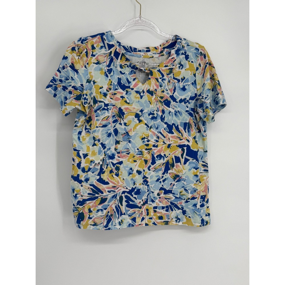 Coral Bay Petite Sz PM Short Sleeve Floral Keyhole Top Blue Yellow Multi